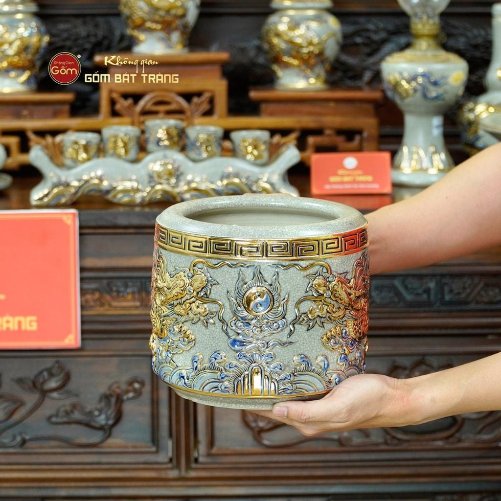 [Set Cơ Bản] Bộ Đồ Thờ Gia Tiên Men Rạn Vẽ Vàng (15 món)