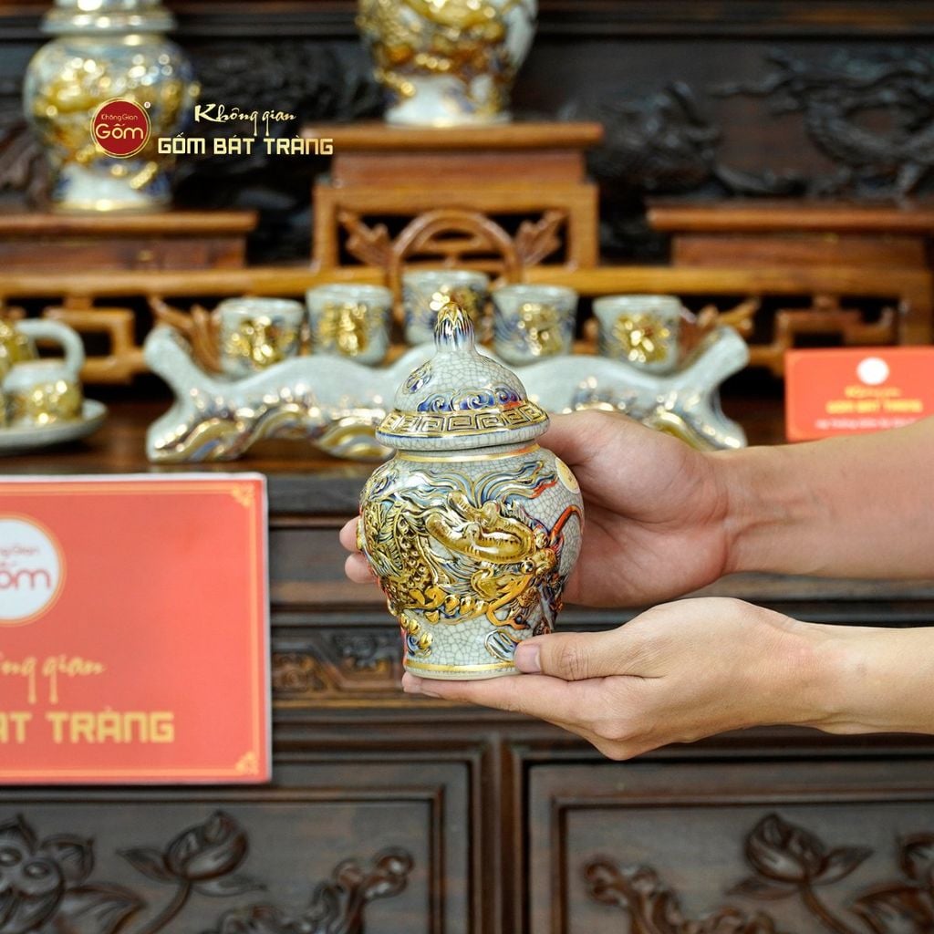 [Set Cơ Bản] Bộ Đồ Thờ Gia Tiên Men Rạn Vẽ Vàng (15 món)