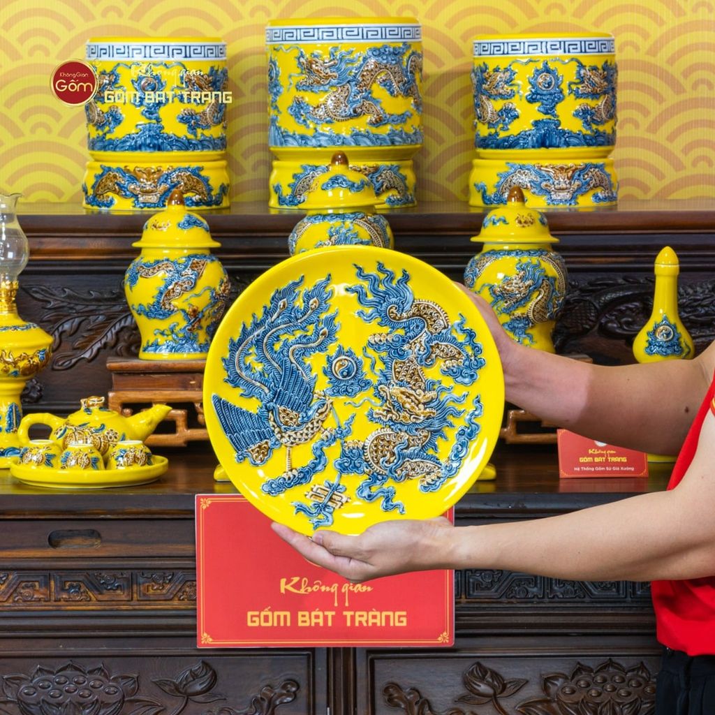 Mâm Bồng Men Vàng Họa Tiết Long Phụng Trình Tường