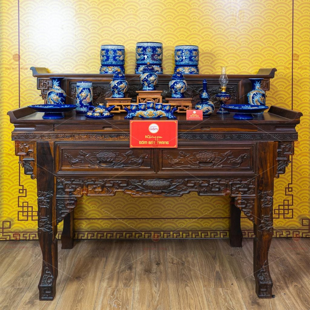 [Set Cơ Bản] Bộ Đồ Thờ Gia Tiên Men Xanh Coban (15 món)