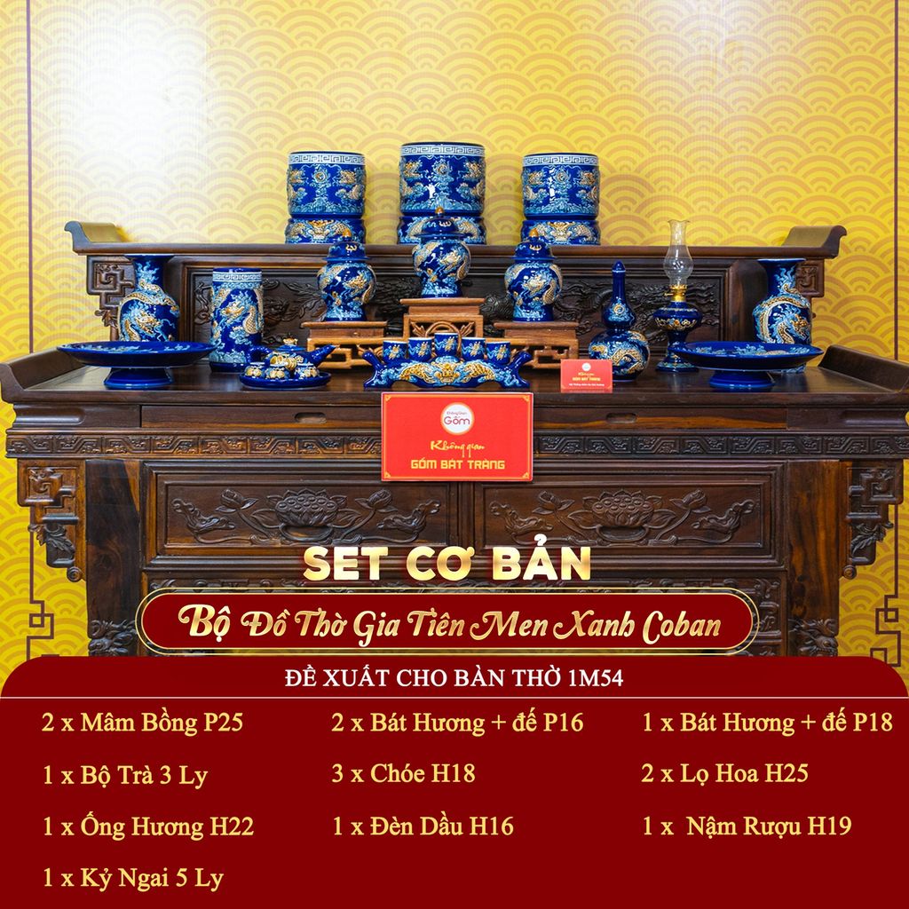 [Set Cơ Bản] Bộ Đồ Thờ Gia Tiên Men Xanh Coban (15 món)