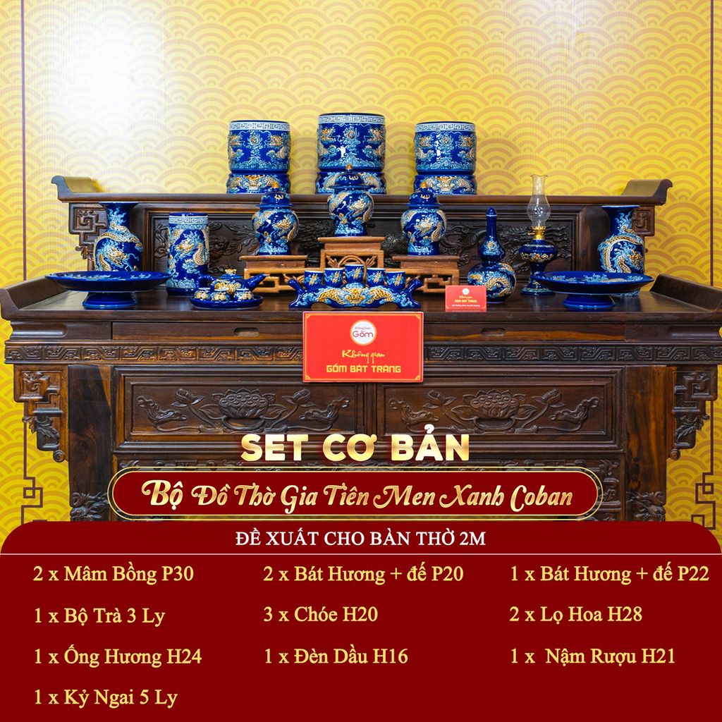 [Set Cơ Bản] Bộ Đồ Thờ Gia Tiên Men Xanh Coban (15 món)
