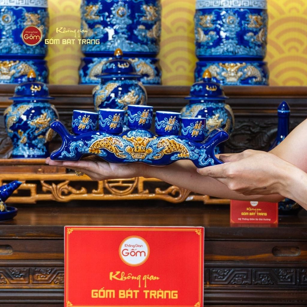 [Set Cơ Bản] Bộ Đồ Thờ Gia Tiên Men Xanh Coban (15 món)