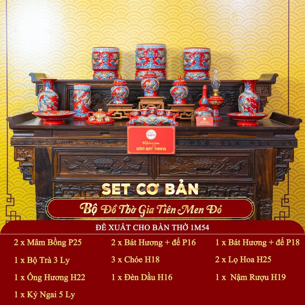 [Set Cơ Bản] Bộ Đồ Thờ Gia Tiên Men Đỏ (15 món)