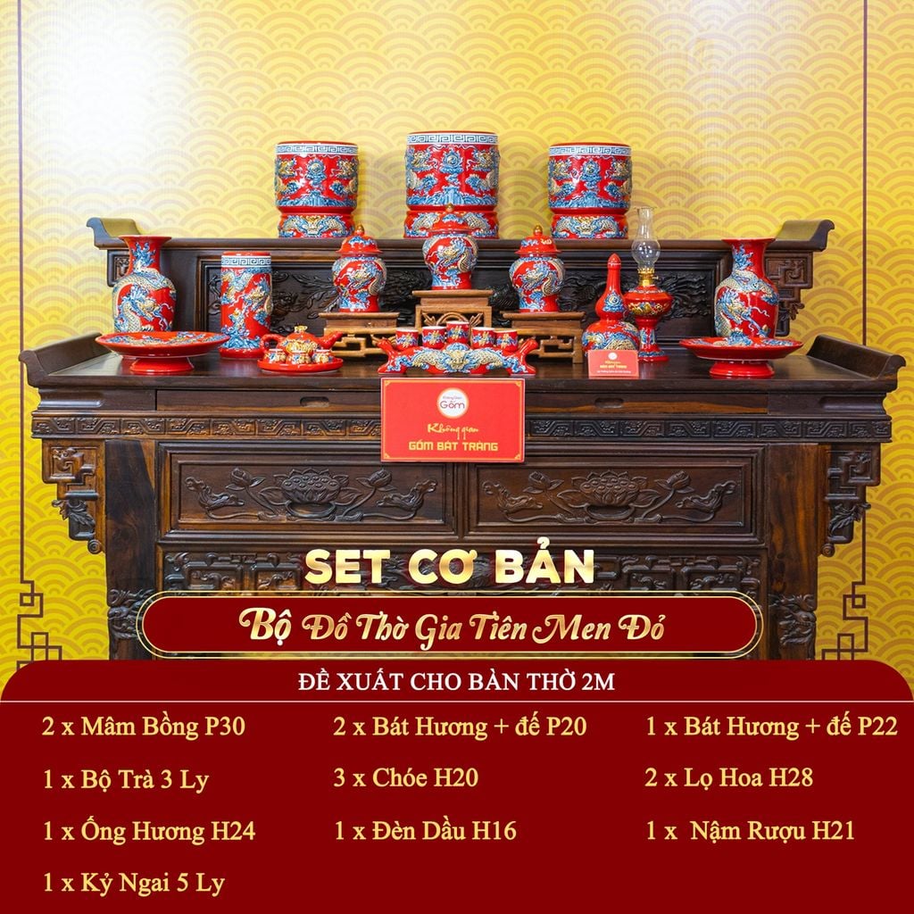 [Set Cơ Bản] Bộ Đồ Thờ Gia Tiên Men Đỏ (15 món)