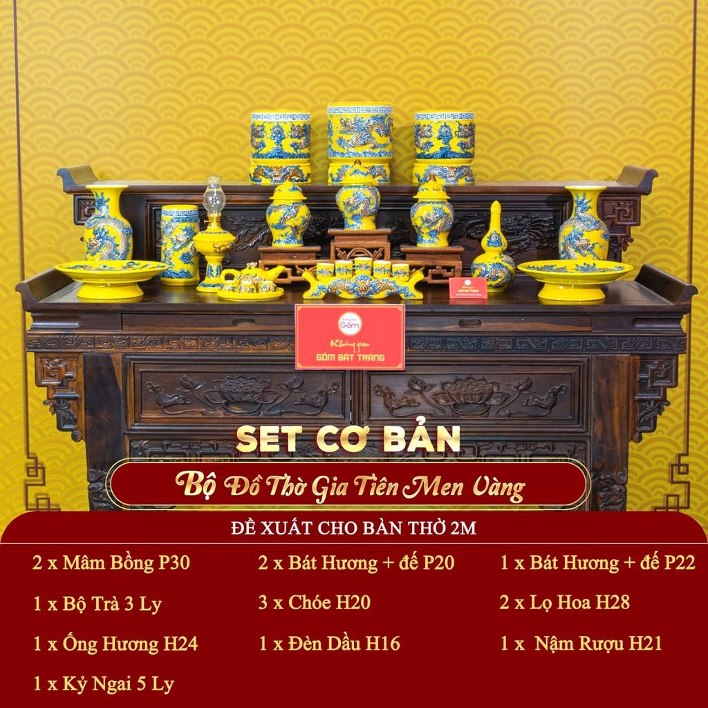 [Set Cơ Bản] Bộ Đồ Thờ Gia Tiên Men Vàng (15 món)