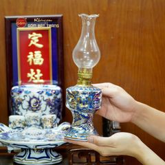 [Set Cơ Bản] Bộ Đồ Thờ Ông Táo Men Lam Nổi Vẽ Vàng (6 món)