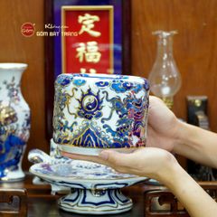 [Set Cơ Bản] Bộ Đồ Thờ Ông Táo Men Lam Nổi Vẽ Vàng (6 món)