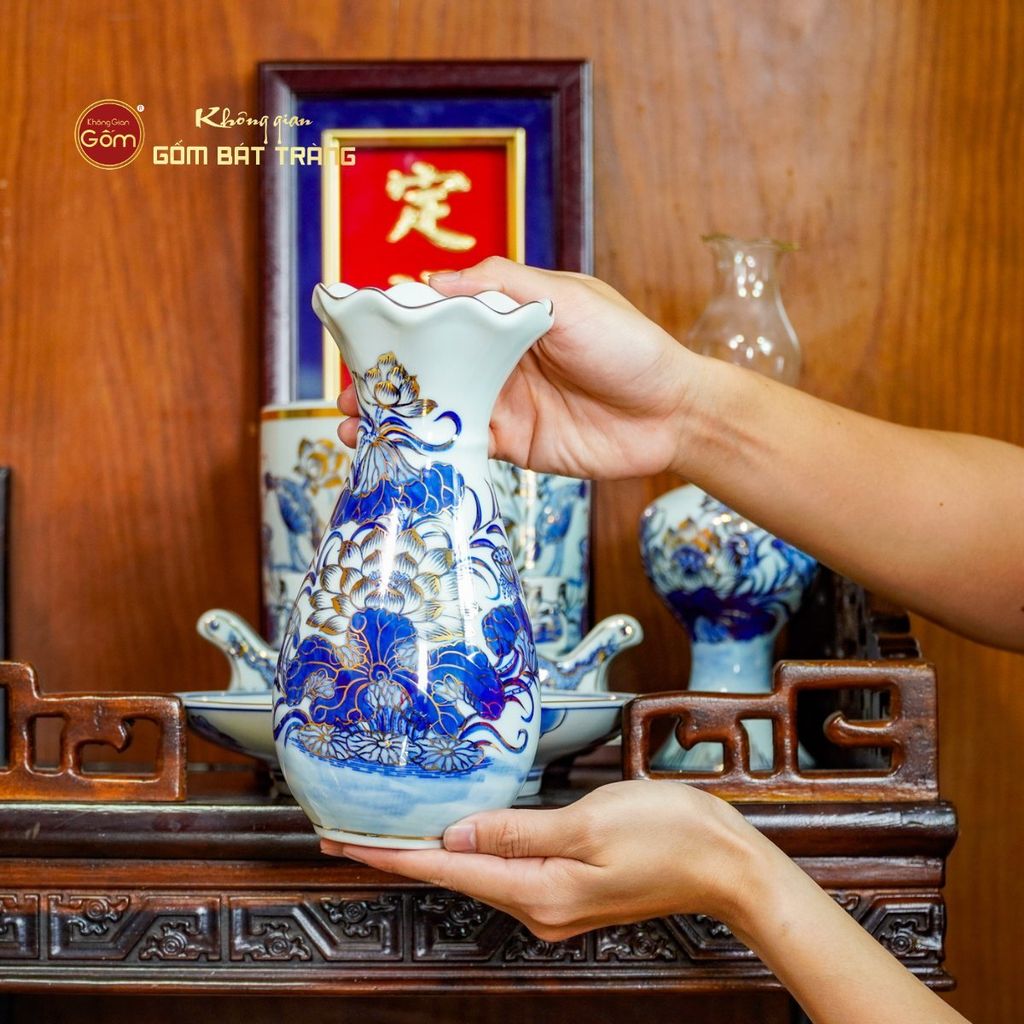 [Set Cơ Bản] Bộ Đồ Thờ Ông Táo Men Lam Vẽ Vàng (6 món)