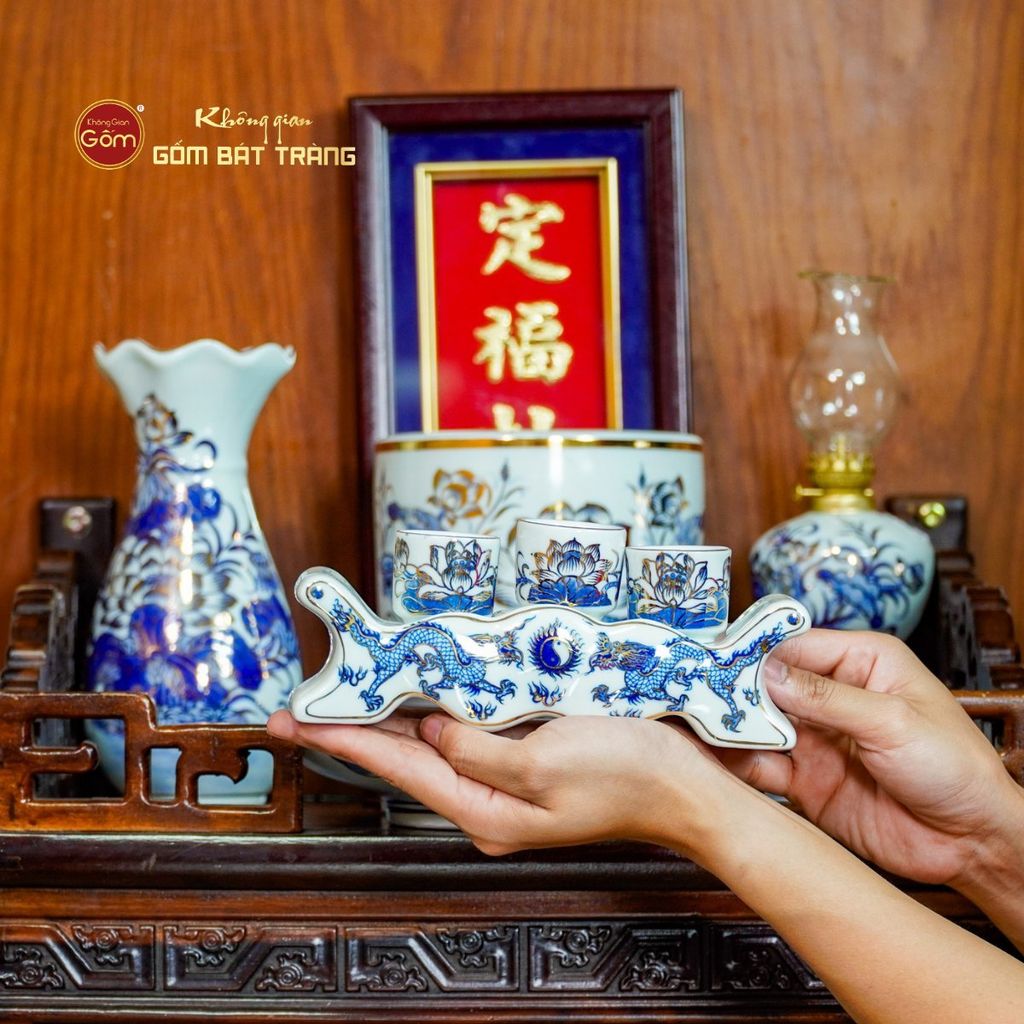 [Set Cơ Bản] Bộ Đồ Thờ Ông Táo Men Lam Vẽ Vàng (6 món)