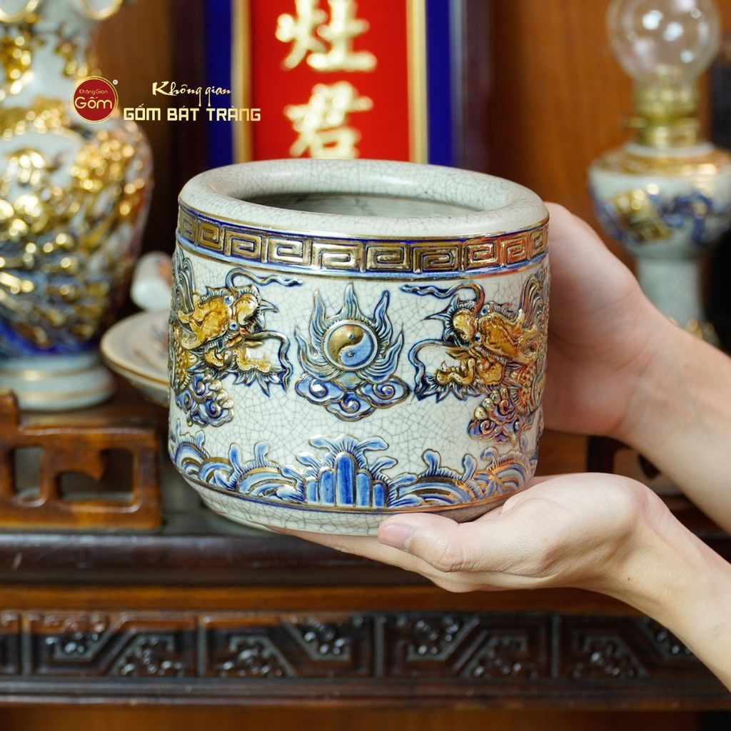 [Set Cơ Bản] Bộ Đồ Thờ Ông Táo Men Rạn Vẽ Vàng (6 món)