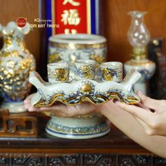 [Set Cơ Bản] Bộ Đồ Thờ Ông Táo Men Rạn Vẽ Vàng (6 món)