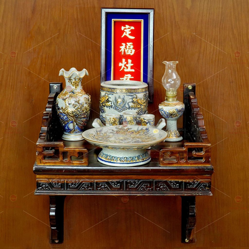 [Set Cơ Bản] Bộ Đồ Thờ Ông Táo Men Rạn Vẽ Vàng (6 món)