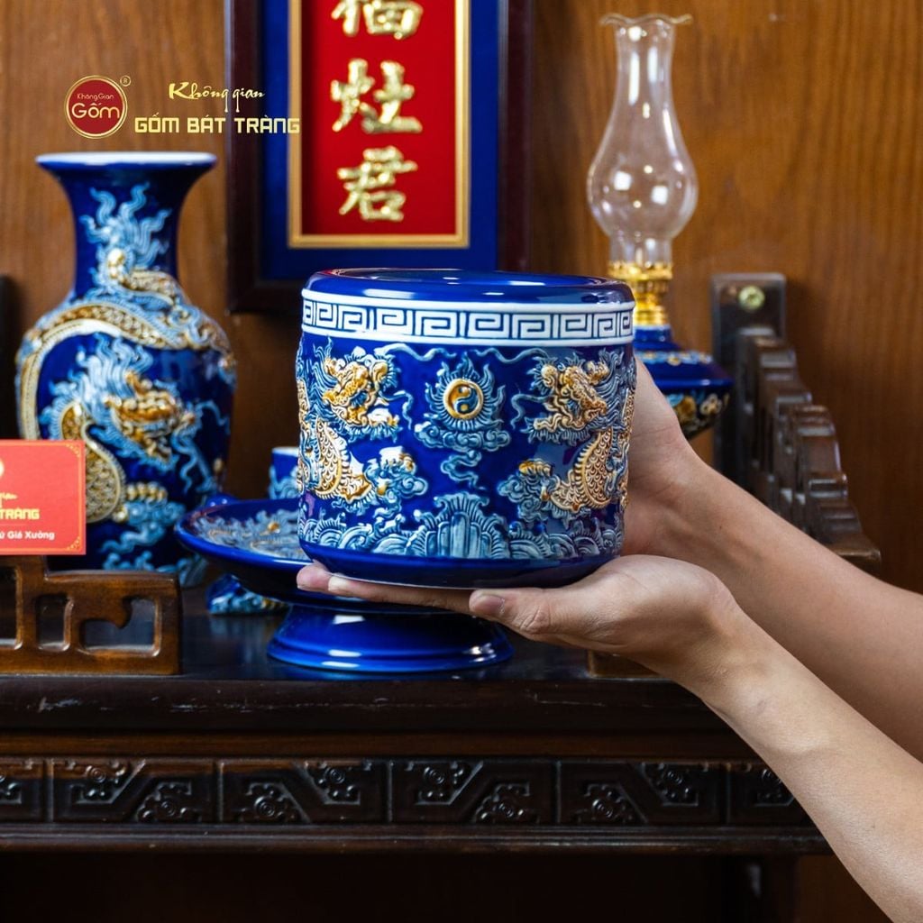 [Set Cơ Bản] Bộ Đồ Thờ Ông Táo Men Xanh Coban (6 món)