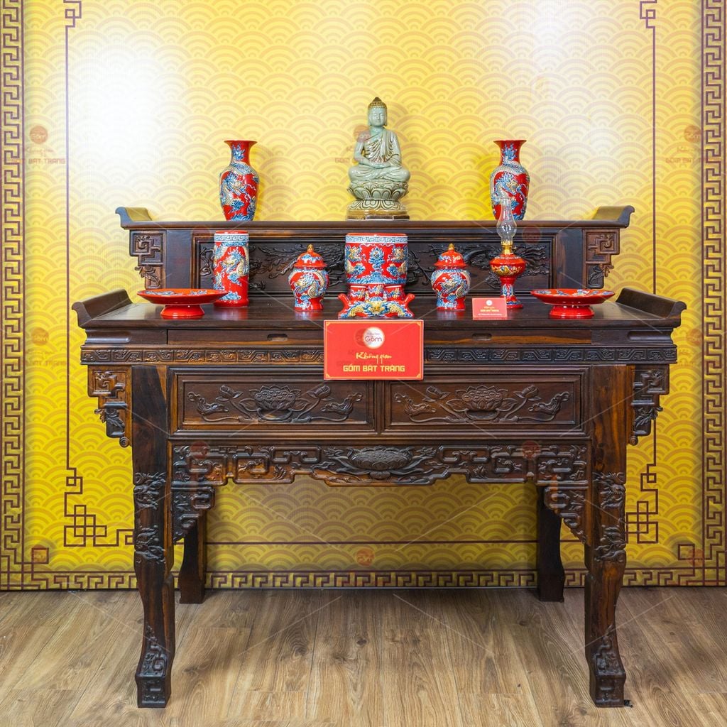 [Set Cơ Bản] Bộ Đồ Thờ Phật Men Đỏ (10 món)