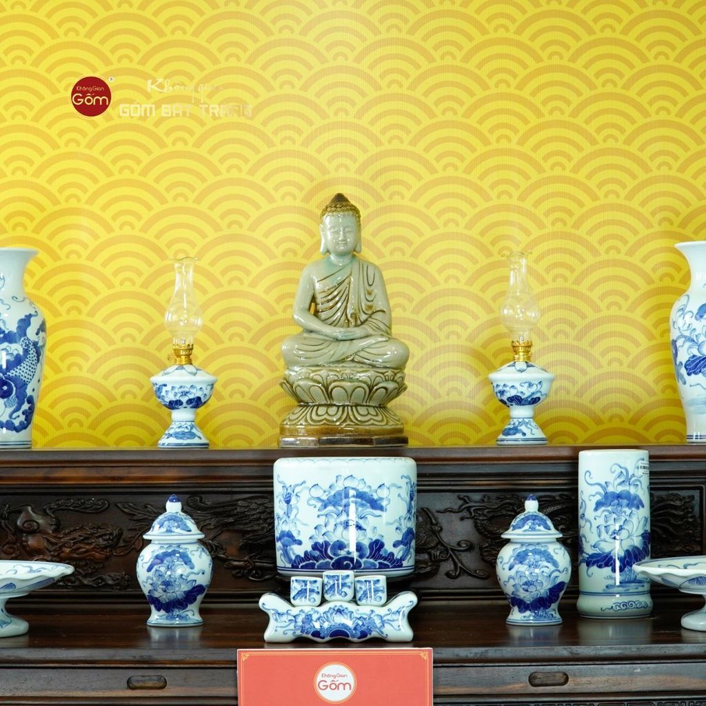 [Set Cơ Bản] Bộ Đồ Thờ Phật Men Lam (11 món)