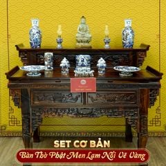 [Set Cơ Bản] Bộ Đồ Thờ Phật Men Lam Nổi Vẽ Vàng (11 món)