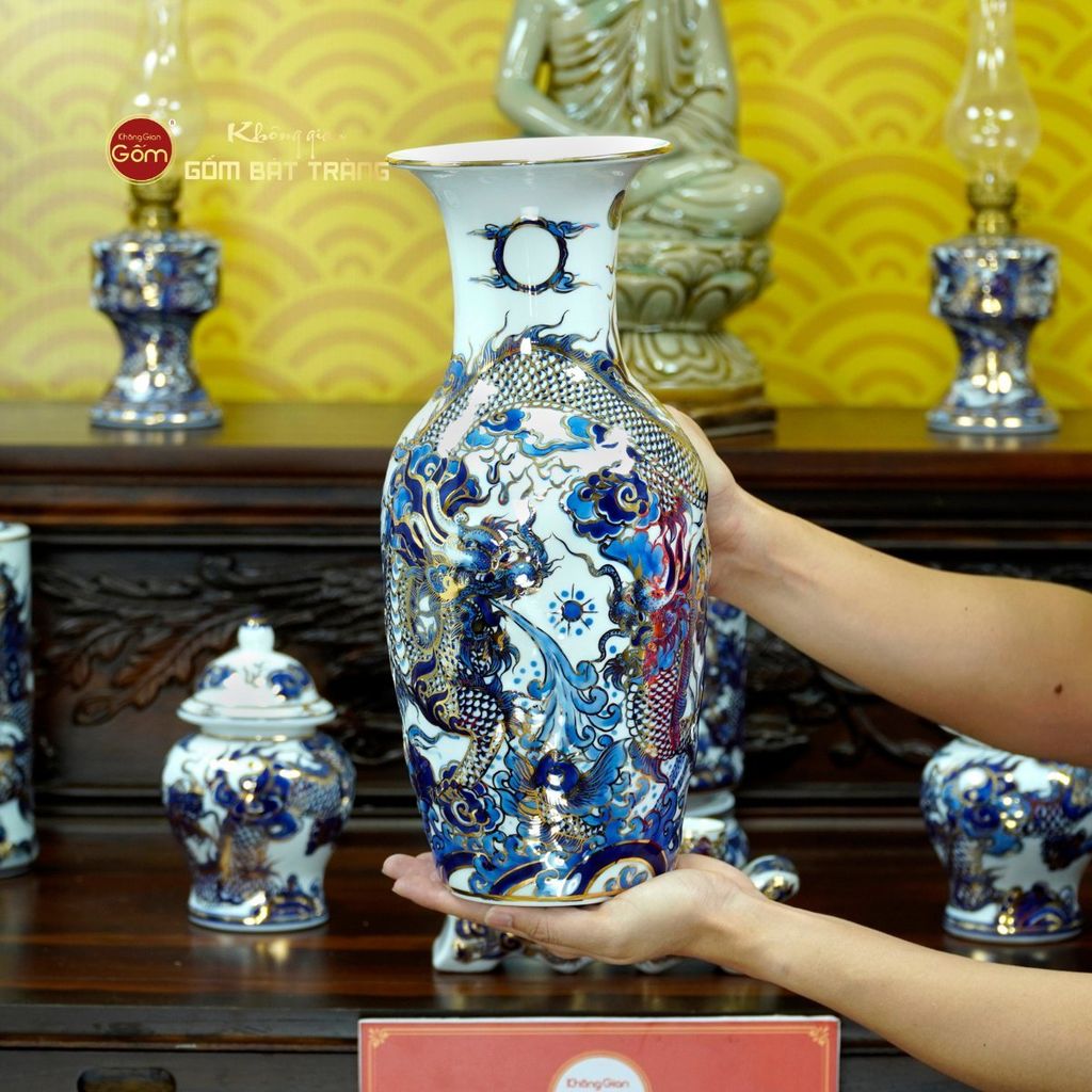 [Set Cơ Bản] Bộ Đồ Thờ Phật Men Lam Nổi Vẽ Vàng (11 món)