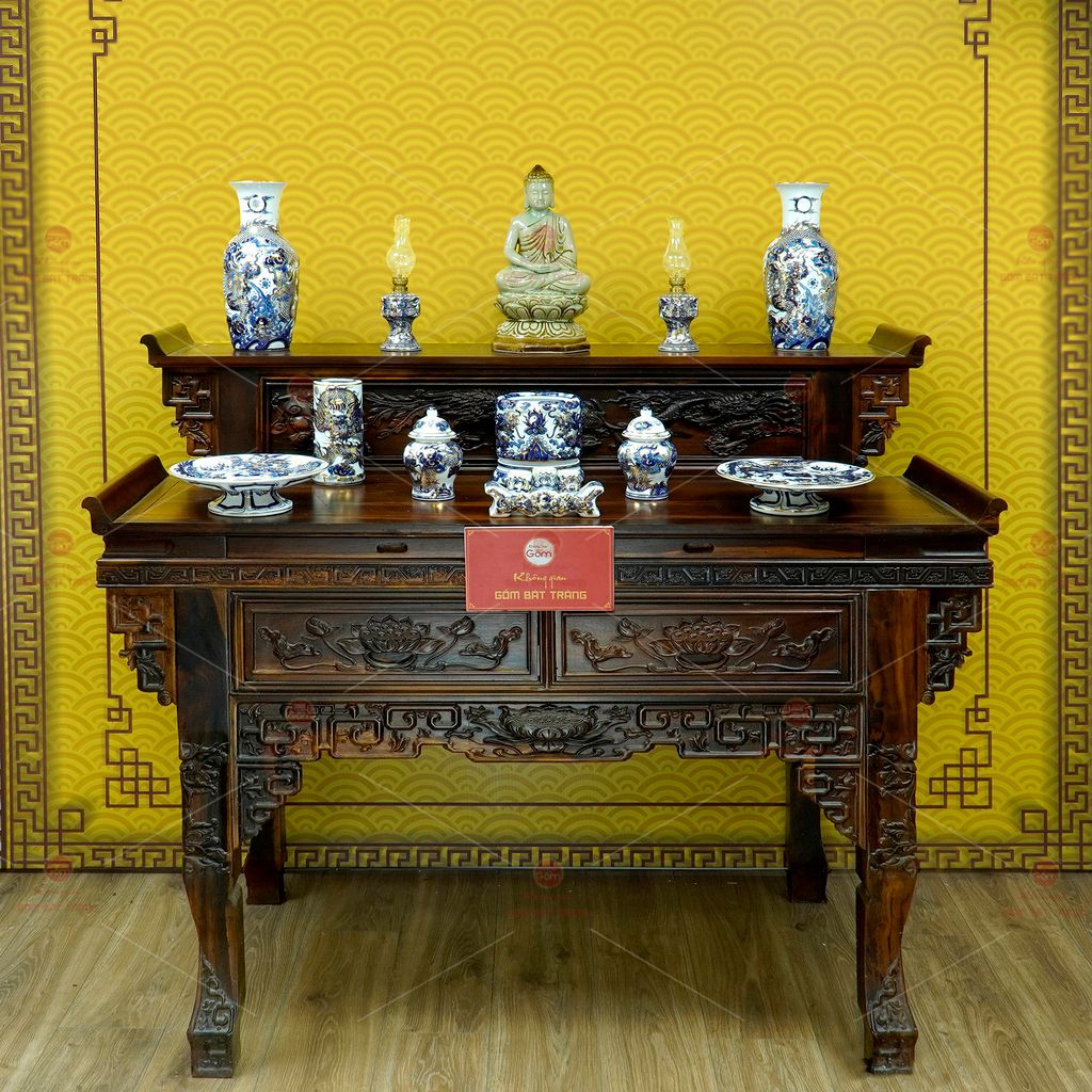 [Set Cơ Bản] Bộ Đồ Thờ Phật Men Lam Nổi Vẽ Vàng (11 món)