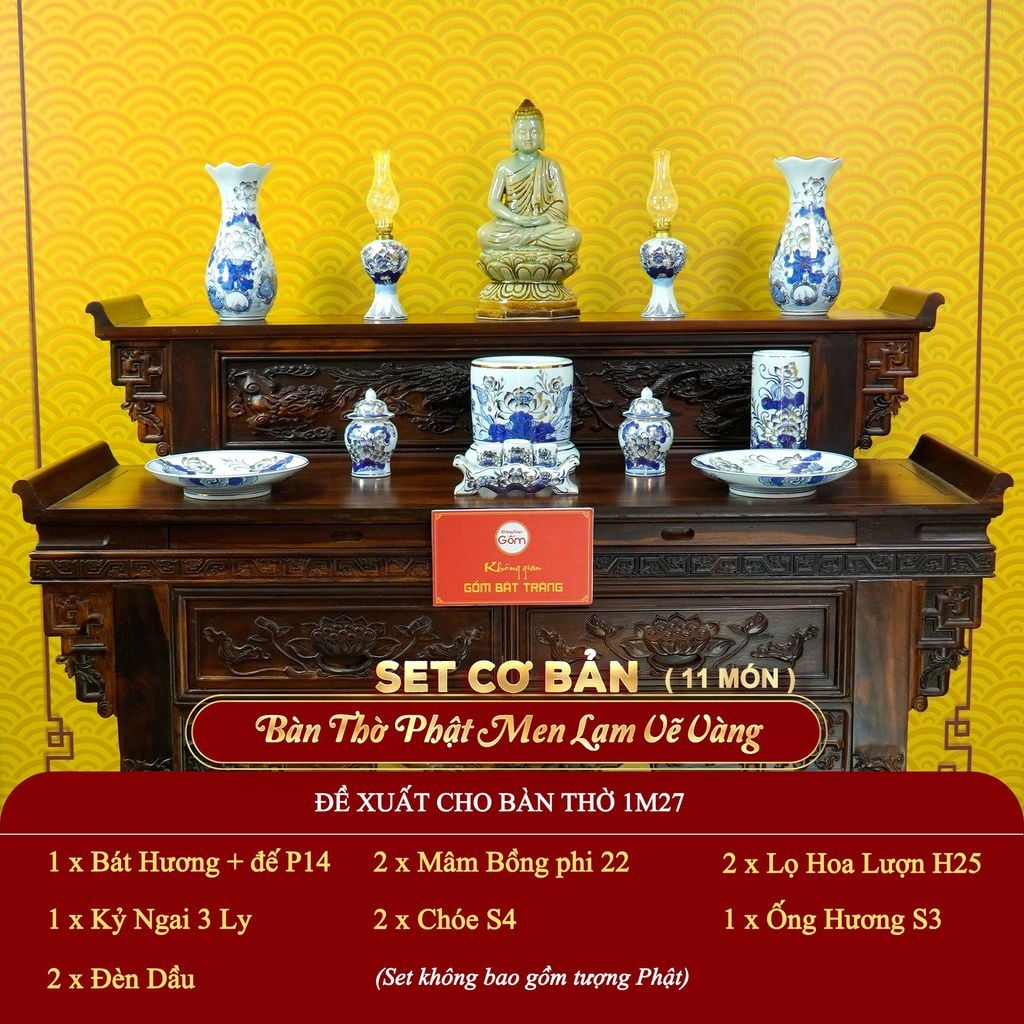 [Set Cơ Bản] Bộ Đồ Thờ Phật Men Lam Vẽ Vàng (11 món)