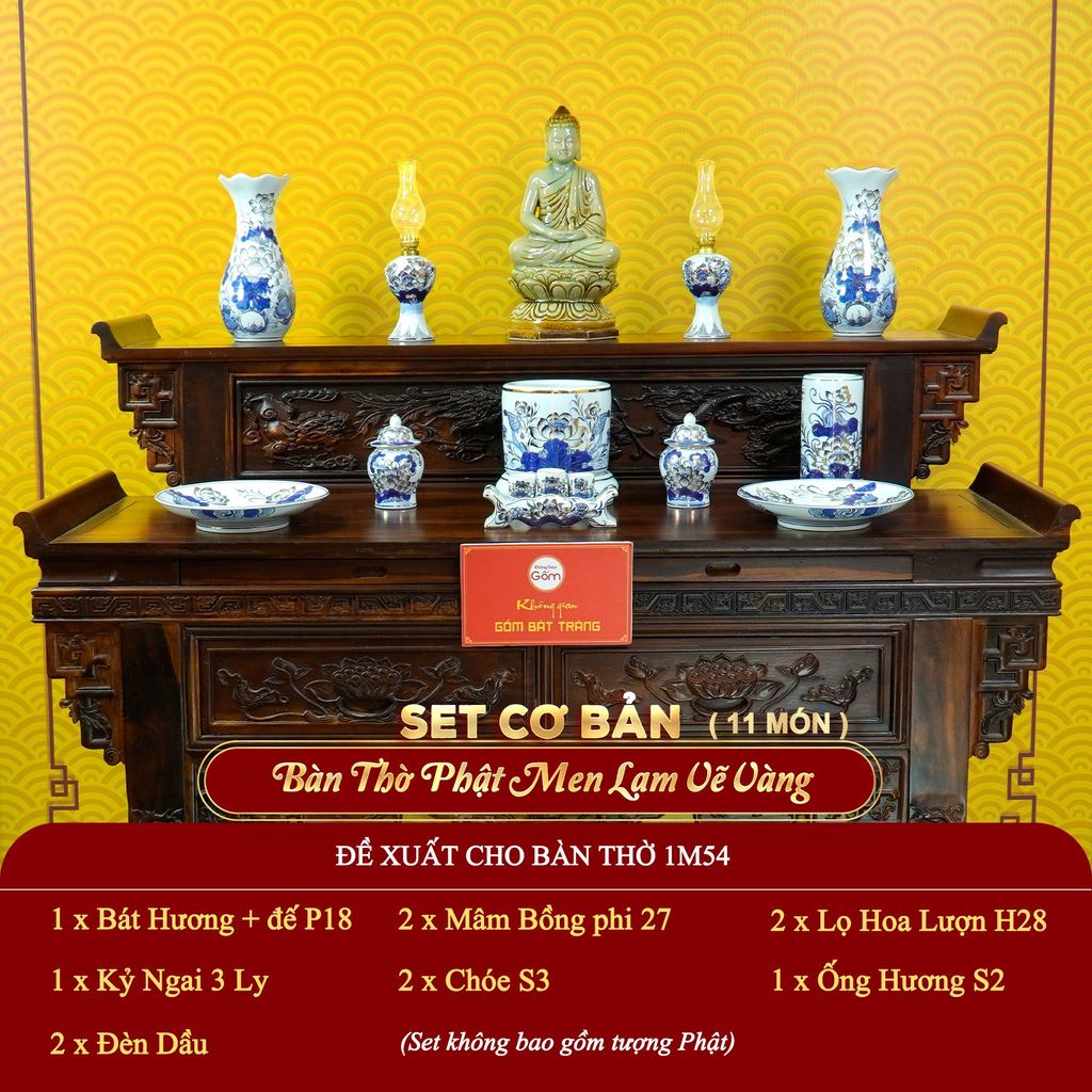 [Set Cơ Bản] Bộ Đồ Thờ Phật Men Lam Vẽ Vàng (11 món)