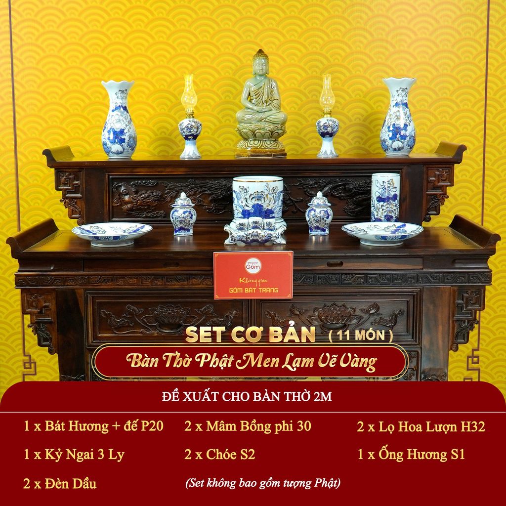 [Set Cơ Bản] Bộ Đồ Thờ Phật Men Lam Vẽ Vàng (11 món)