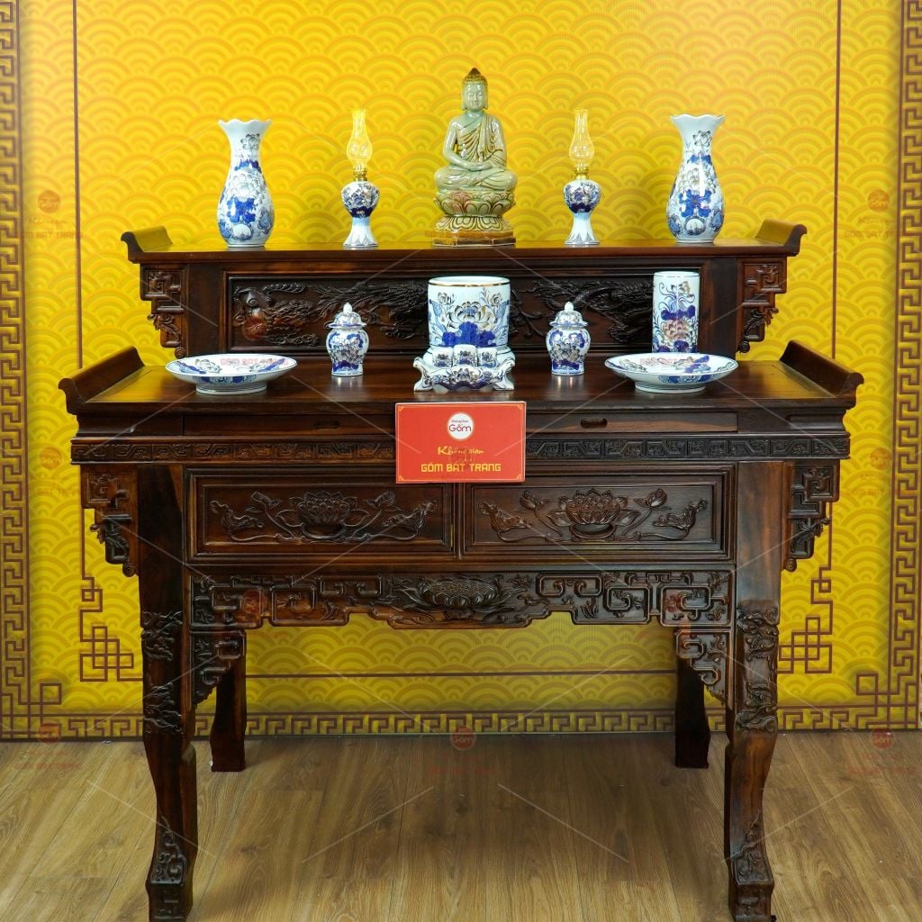 [Set Cơ Bản] Bộ Đồ Thờ Phật Men Lam Vẽ Vàng (11 món)