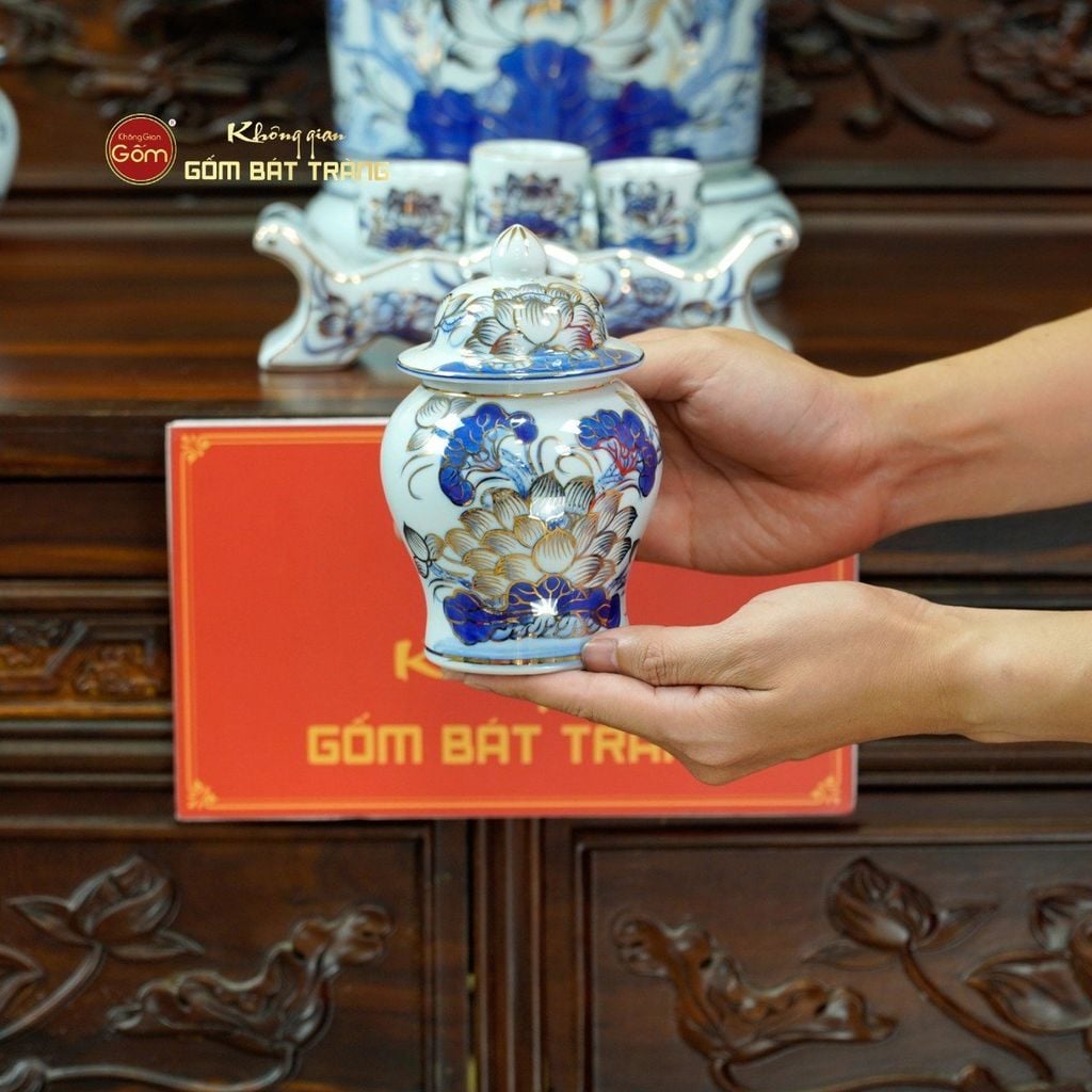 [Set Cơ Bản] Bộ Đồ Thờ Phật Men Lam Vẽ Vàng (11 món)