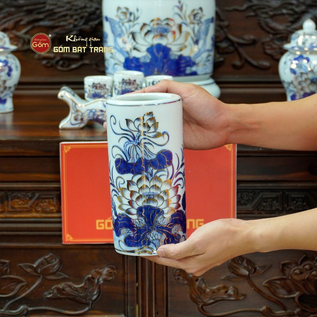 [Set Cơ Bản] Bộ Đồ Thờ Phật Men Lam Vẽ Vàng (11 món)