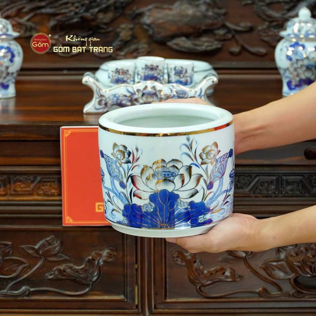 [Set Cơ Bản] Bộ Đồ Thờ Phật Men Lam Vẽ Vàng (11 món)