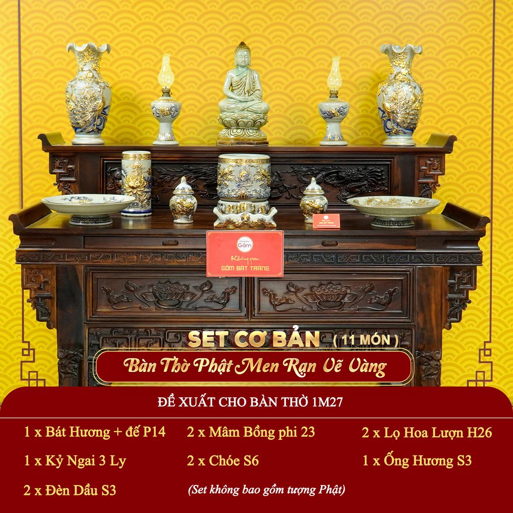 [Set Cơ Bản] Bộ Đồ Thờ Phật Men Rạn Vẽ Vàng (11 món)