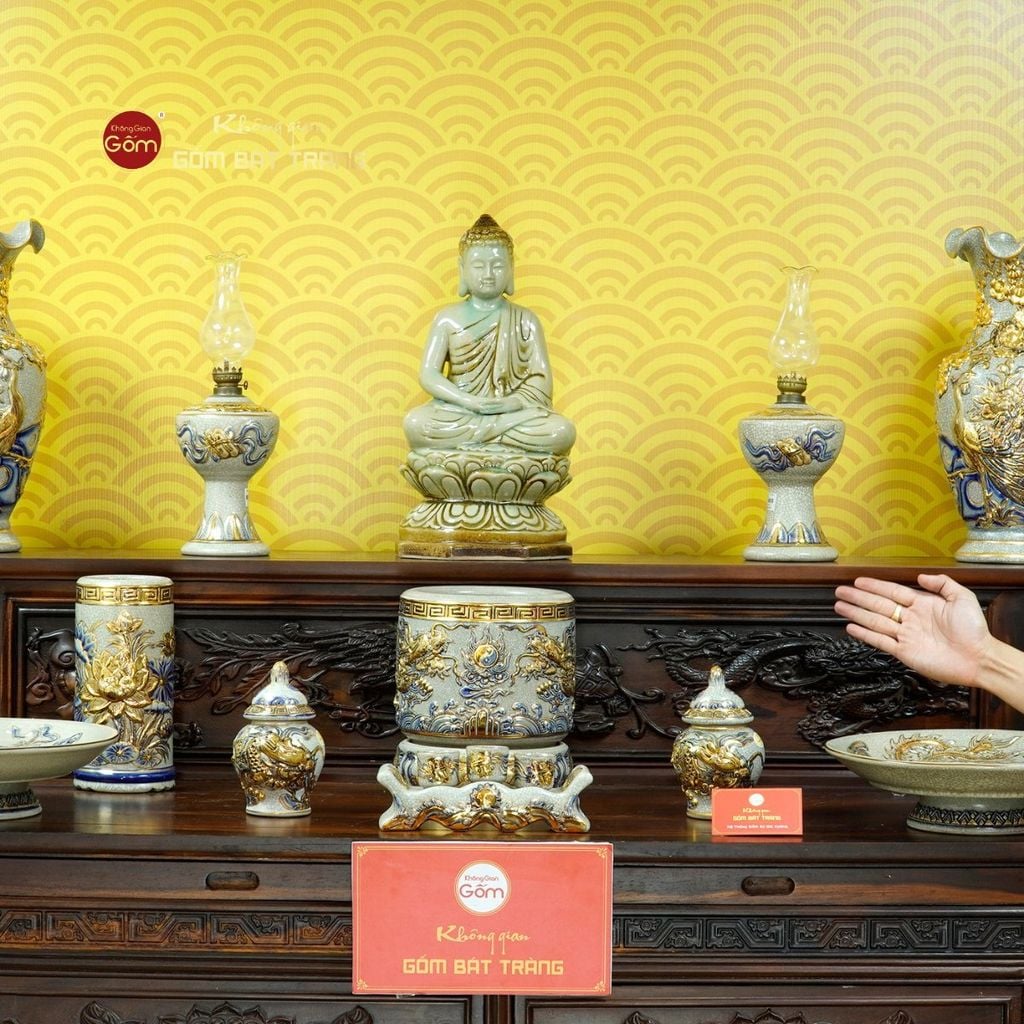 [Set Cơ Bản] Bộ Đồ Thờ Phật Men Rạn Vẽ Vàng (11 món)
