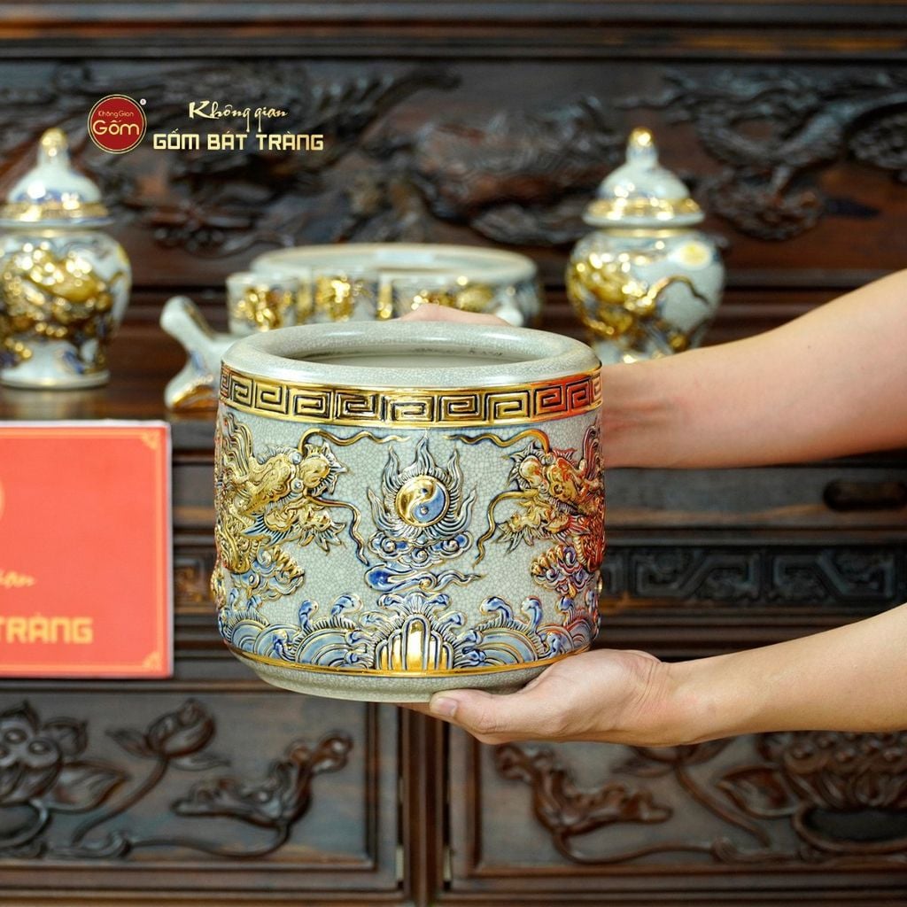 [Set Hào Gia] Bộ Đồ Thờ Gia Tiên Men Rạn Vẽ Vàng (30 món)