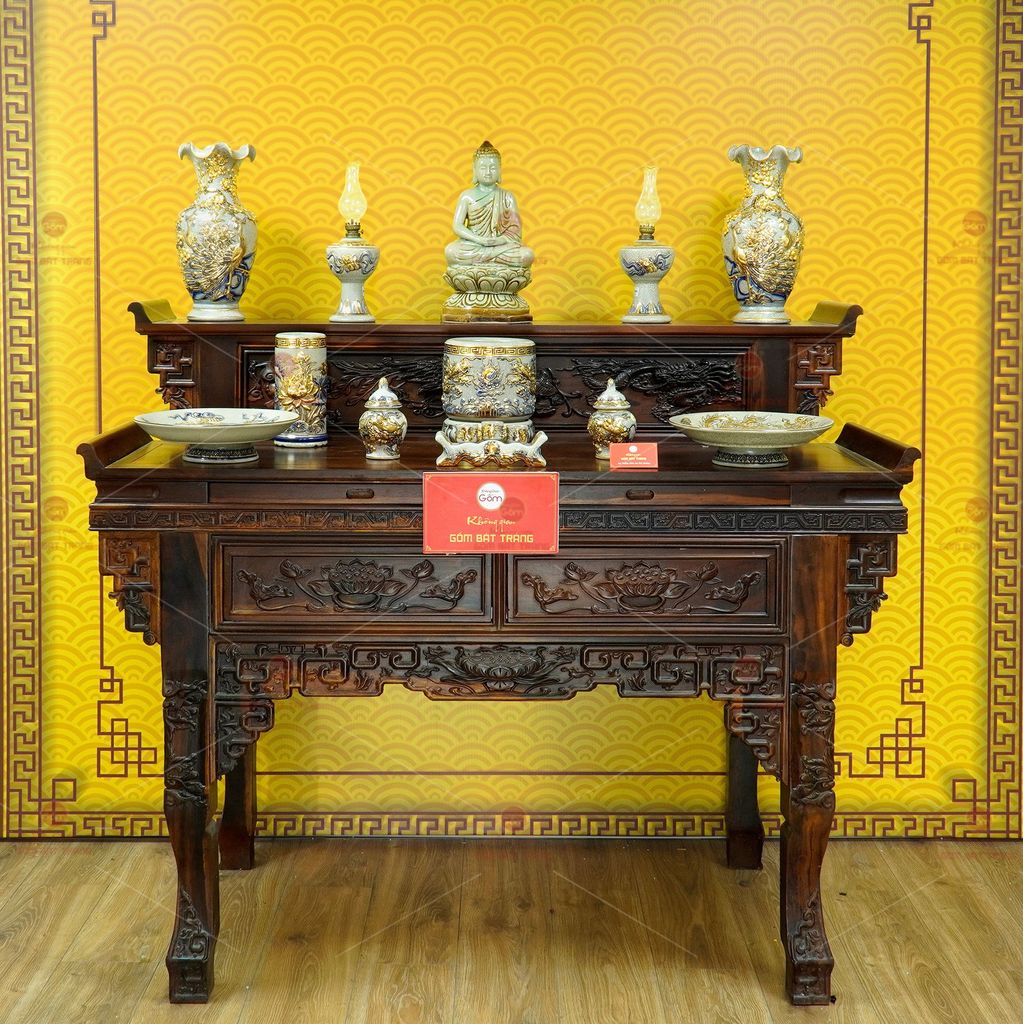 [Set Cơ Bản] Bộ Đồ Thờ Phật Men Rạn Vẽ Vàng (11 món)