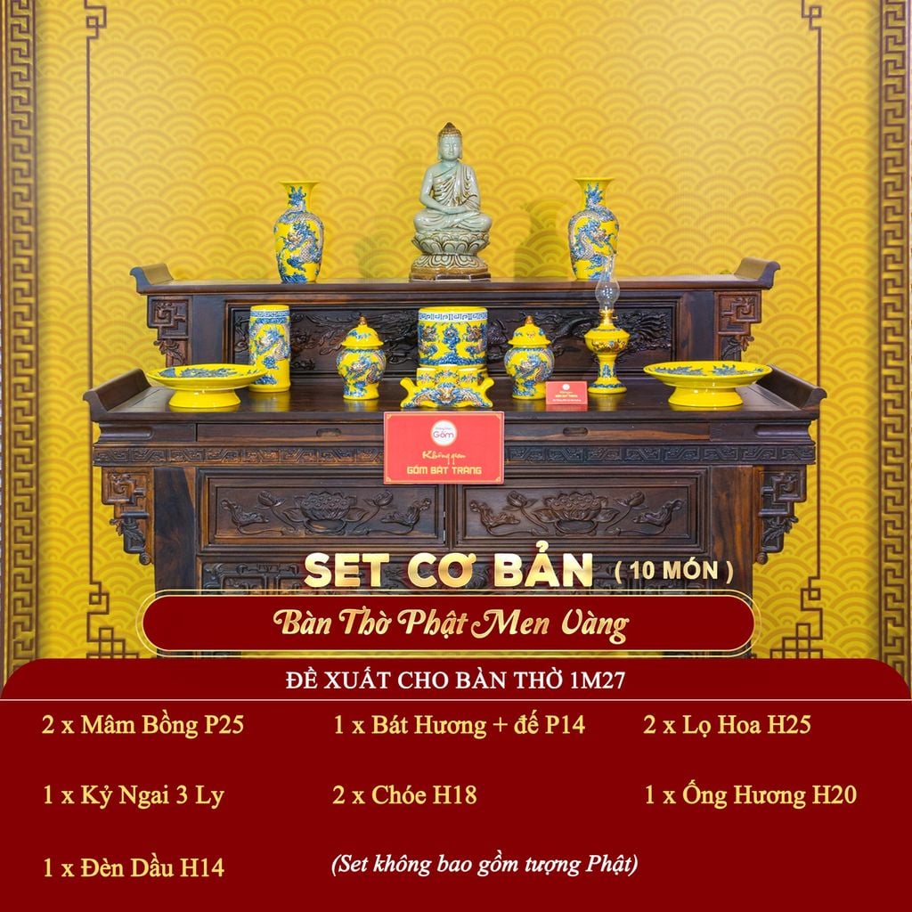 [Set Cơ Bản] Bộ Đồ Thờ Phật Men Vàng (10 món)
