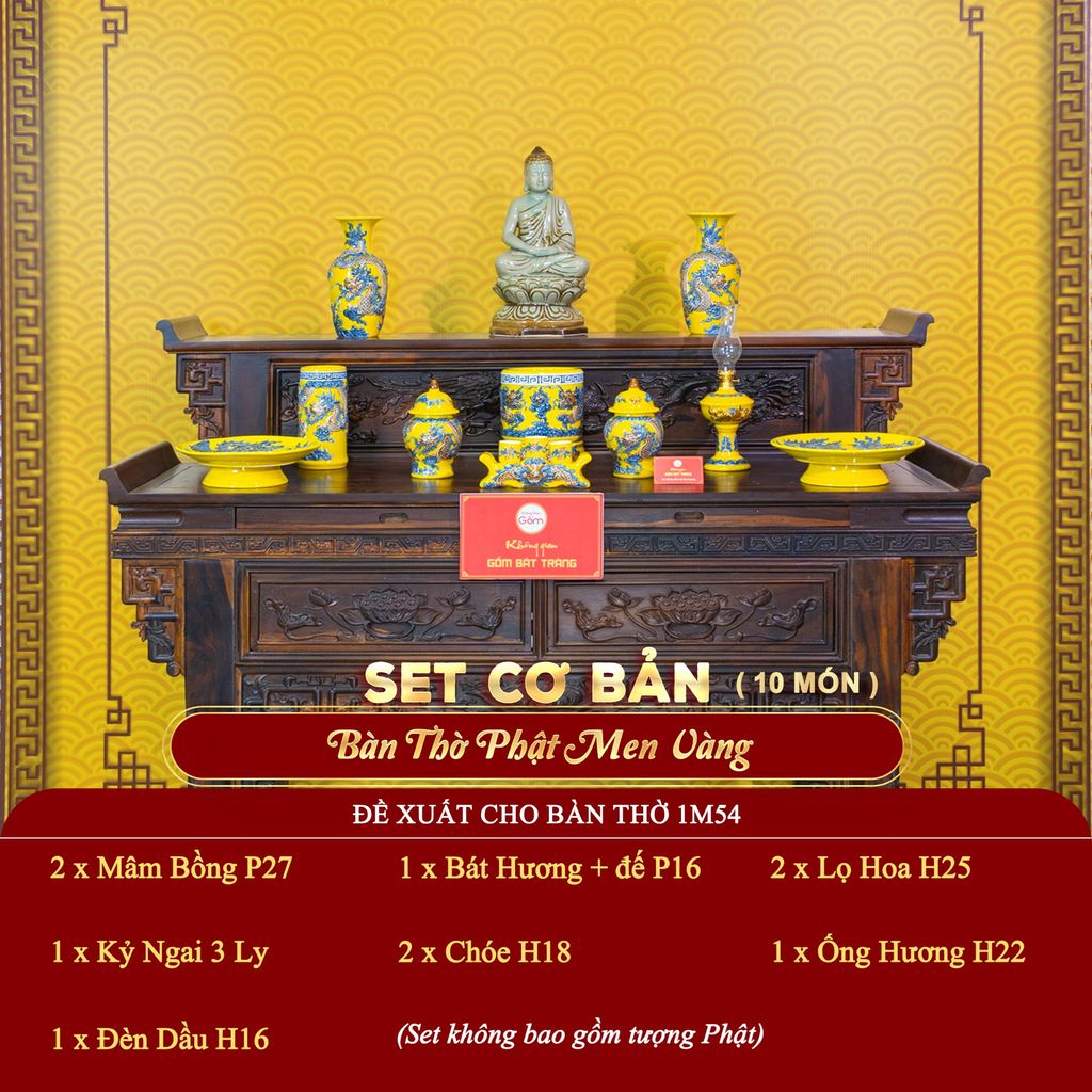 [Set Cơ Bản] Bộ Đồ Thờ Phật Men Vàng (10 món)