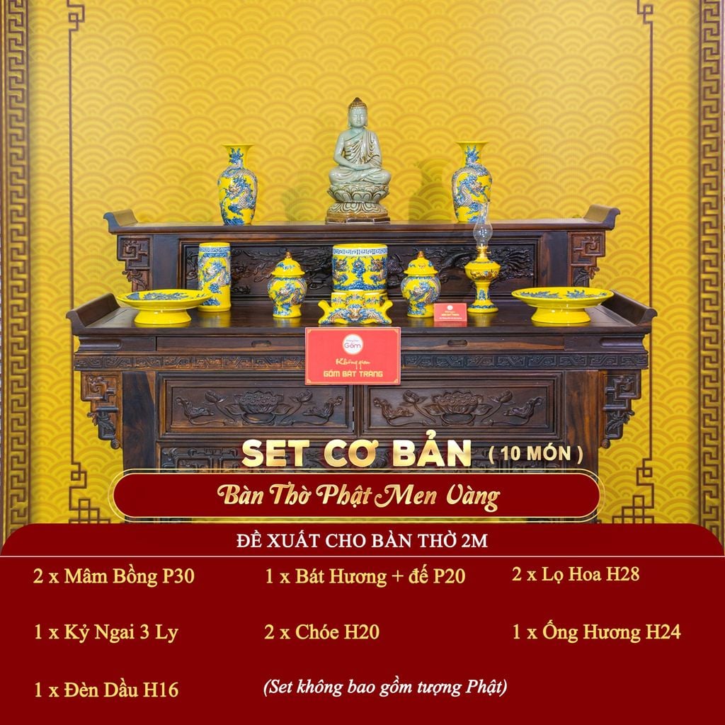 [Set Cơ Bản] Bộ Đồ Thờ Phật Men Vàng (10 món)