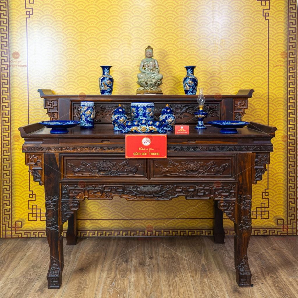 [Set Cơ Bản] Bộ Đồ Thờ Phật Men Xanh Coban (10 món)