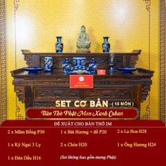 [Set Cơ Bản] Bộ Đồ Thờ Phật Men Xanh Coban (10 món)
