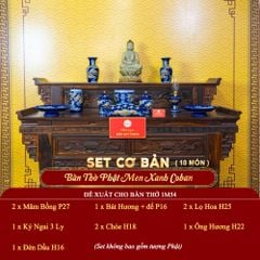[Set Cơ Bản] Bộ Đồ Thờ Phật Men Xanh Coban (10 món)