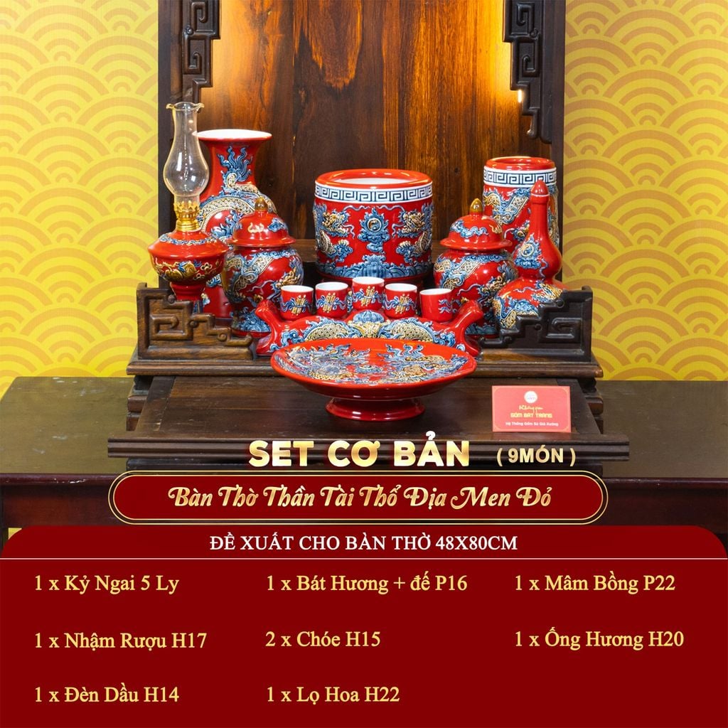 [Set Cơ Bản] Bộ Đồ Thờ Thần Tài Thổ Địa Men Đỏ (9 món)