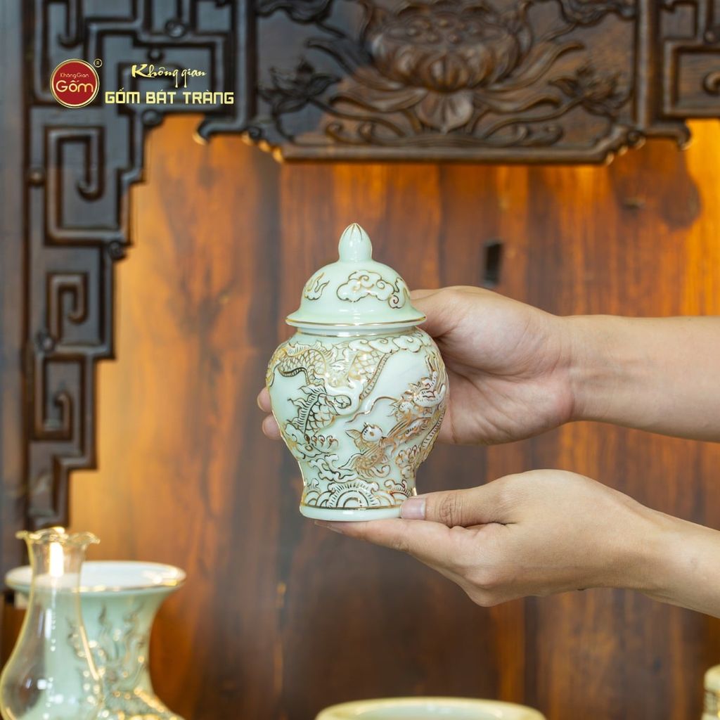 [Set Cơ Bản] Bộ Đồ Thờ Thần Tài Thổ Địa Men Hoàng Tộc Vẽ Vàng (10 món)