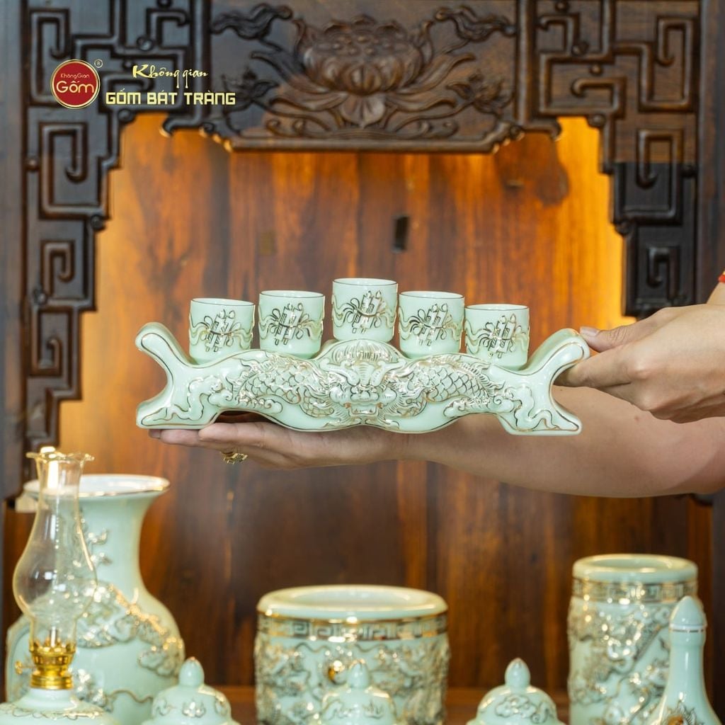 [Set Cơ Bản] Bộ Đồ Thờ Thần Tài Thổ Địa Men Hoàng Tộc Vẽ Vàng (10 món)