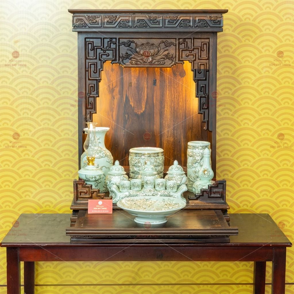 [Set Cơ Bản] Bộ Đồ Thờ Thần Tài Thổ Địa Men Hoàng Tộc Vẽ Vàng (10 món)