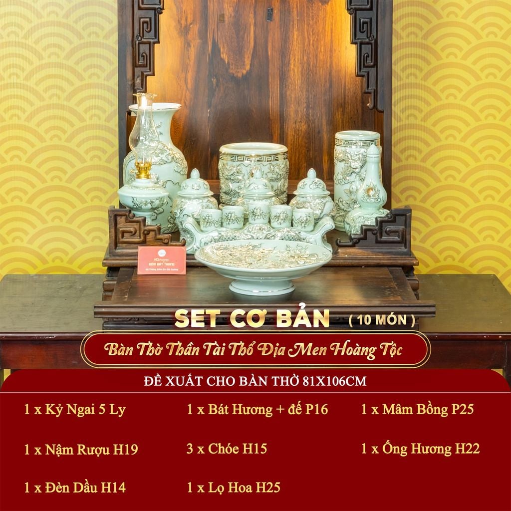 [Set Cơ Bản] Bộ Đồ Thờ Thần Tài Thổ Địa Men Hoàng Tộc Vẽ Vàng (10 món)