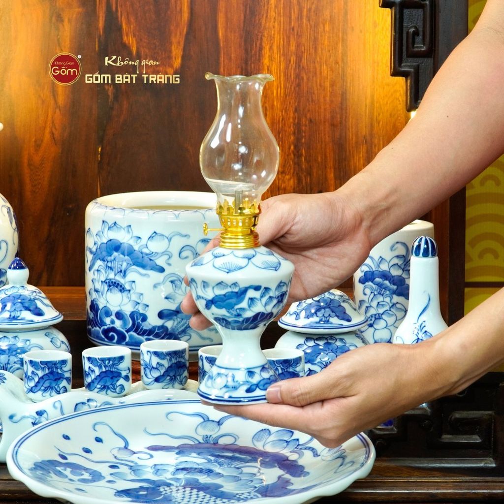 [Set Cơ Bản] Bộ Đồ Thờ Thần Tài Thổ Địa Men Lam (9 món)