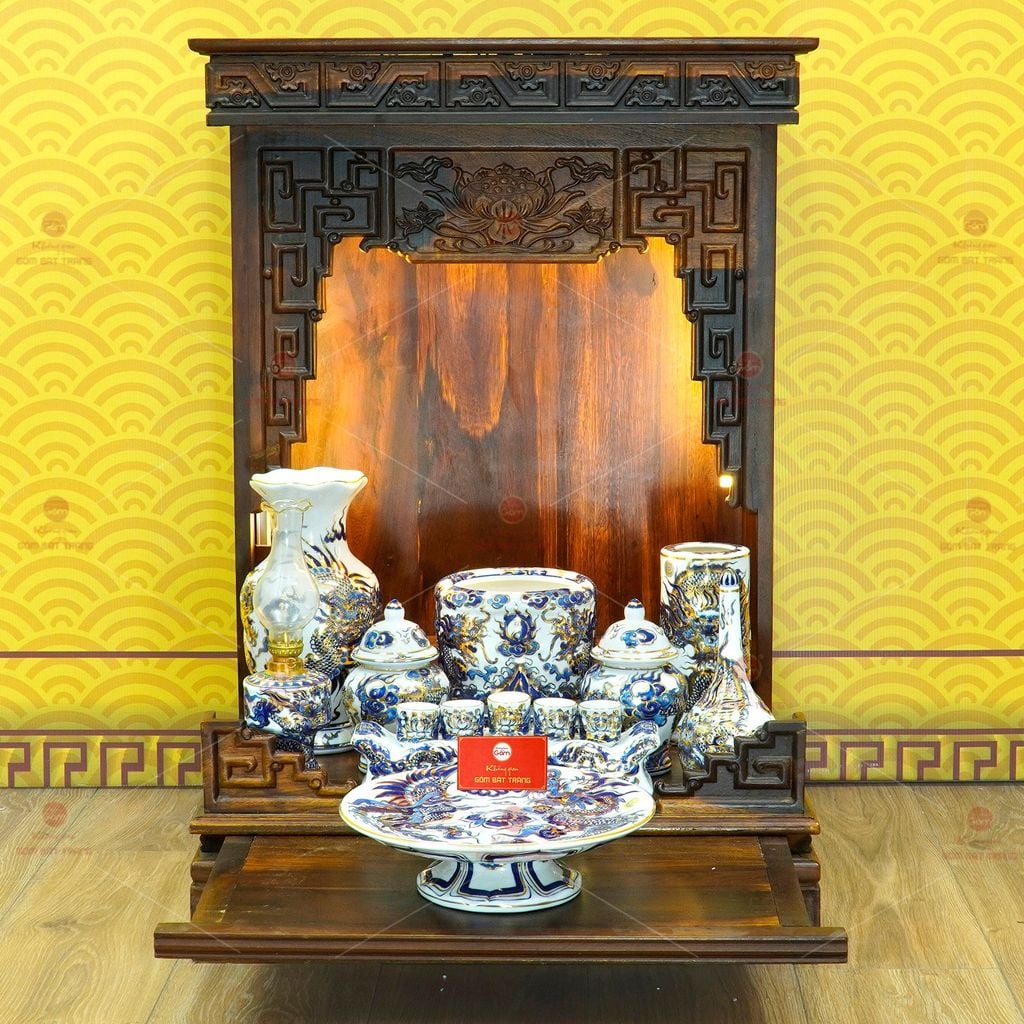 [Set Cơ Bản] Bộ Đồ Thờ Thần Tài Thổ Địa Men Lam Nổi Vẽ Vàng (9 món)