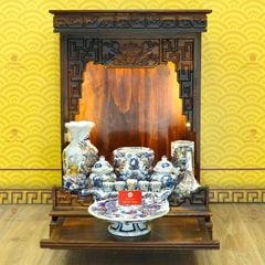 [Set Cơ Bản] Bộ Đồ Thờ Thần Tài Thổ Địa Men Lam Nổi Vẽ Vàng (9 món)