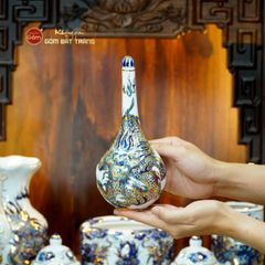 [Set Cơ Bản] Bộ Đồ Thờ Thần Tài Thổ Địa Men Lam Nổi Vẽ Vàng (9 món)