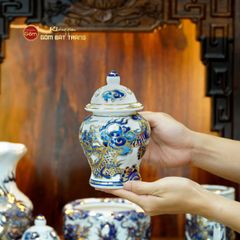 [Set Cơ Bản] Bộ Đồ Thờ Thần Tài Thổ Địa Men Lam Nổi Vẽ Vàng (9 món)